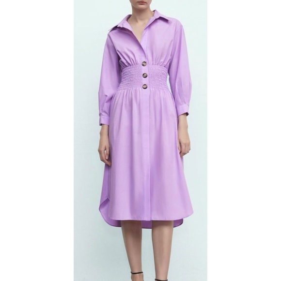 Zara Shirred Waist Midi Dress Lilac - Picture 1 of 12